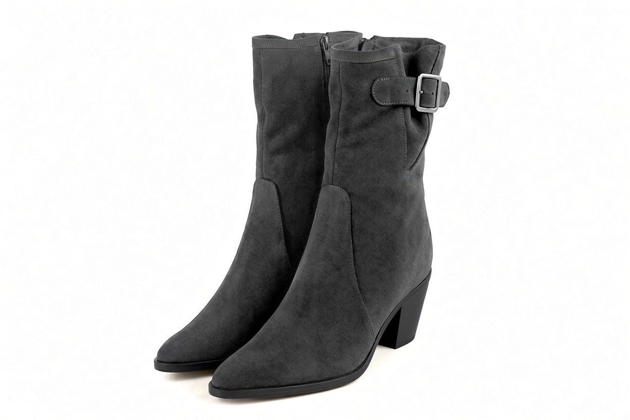 Women's charcoal gray inside-zip ankle boots with almond toe and mid cone heel - Front view